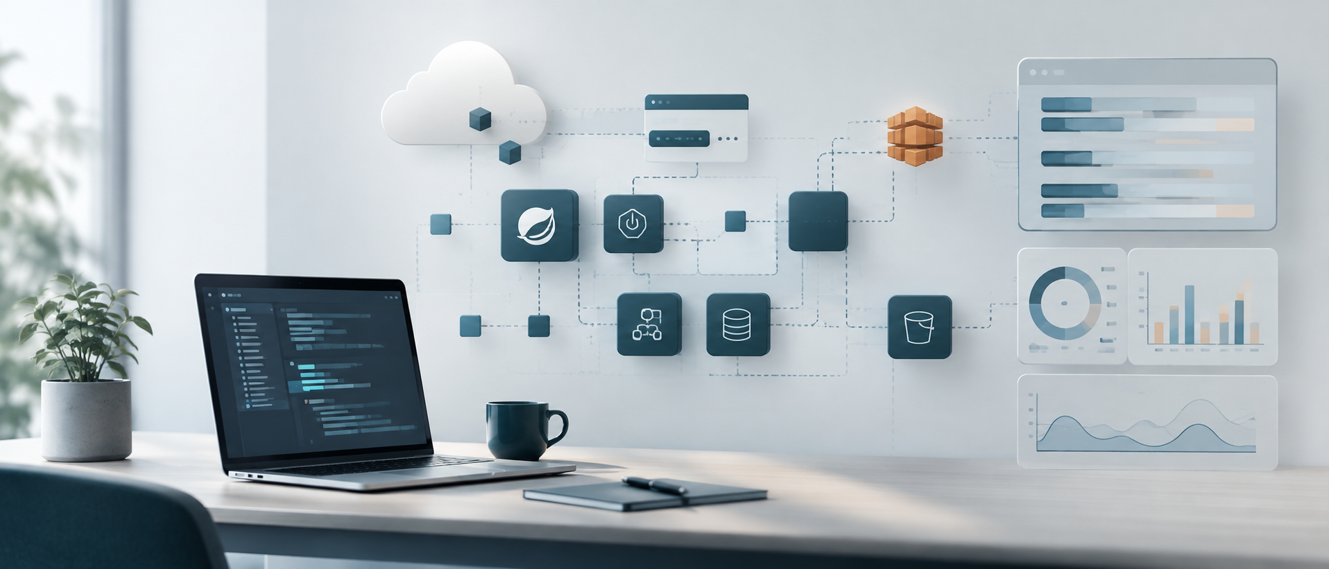 Calm software architecture workspace with cloud services, backend components, and performance dashboards
