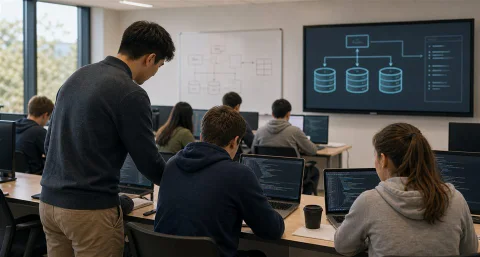 University programming lab with students and tutoring support