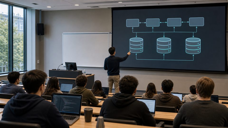 University lecture room with a lecturer facing a clean database architecture diagram